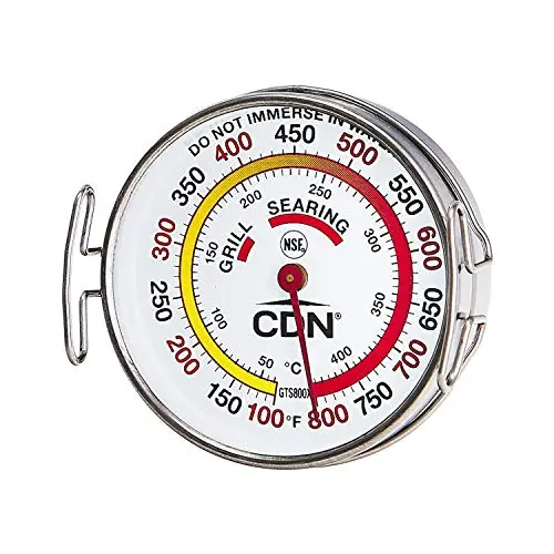 CDN silver analog grill surface thermometer with color-coded dial