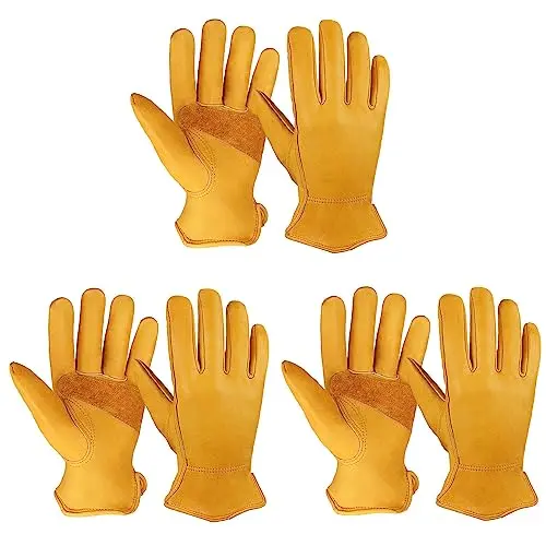 OZERO leather work gloves showing soft cowhide construction and elastic wrist