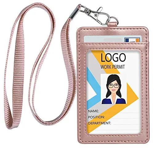 TESKYER rose gold leather ID badge holder with nylon lanyard
