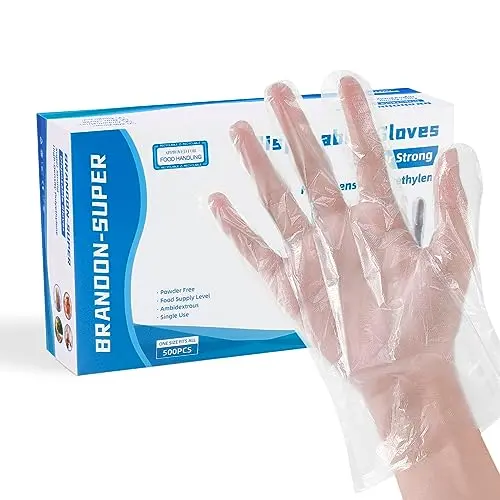 Brandon-super poly plastic gloves in clear packaging