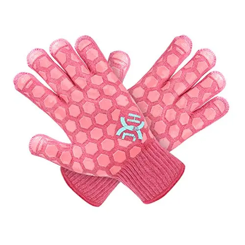 J H heat resistant oven gloves in coral and pink colors