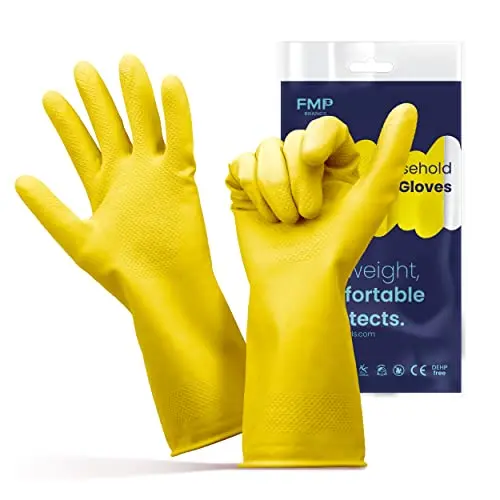FMP Brands yellow rubber dishwashing gloves in multipack