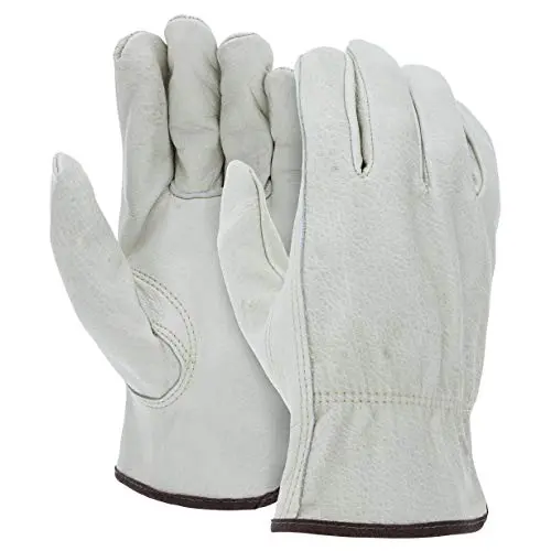 ATERET 12-pack leather work gloves showing durable cowhide construction