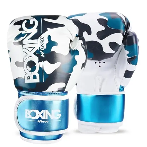 KUYOU kids boxing gloves in pearl blue with cartoon-style design