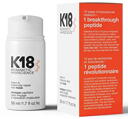 K18 Leave-In Molecular Hair Mask bottle showing white packaging