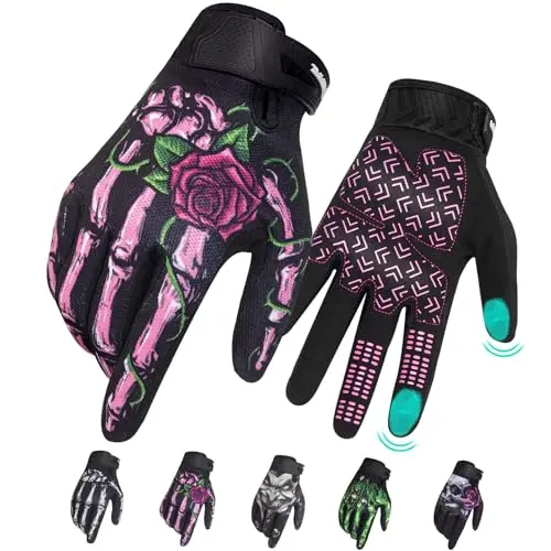RIGWARL women's motorcycle gloves with skeleton design and pink accents