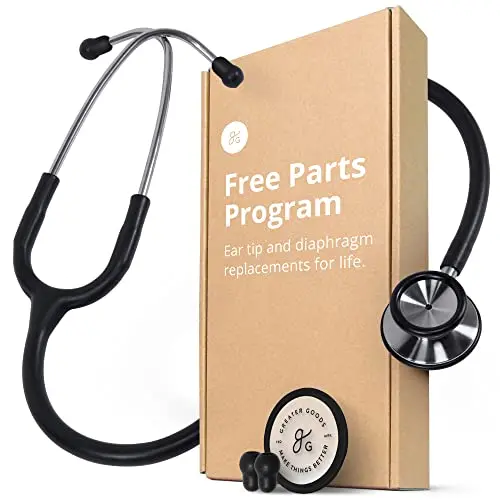 Greater Goods dual-head stethoscope in black and stainless steel with comfortable ear tips