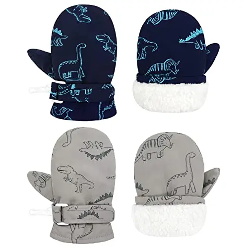 Toddler waterproof mittens with sherpa lining and dinosaur patterns