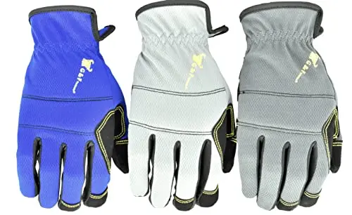 G & F Products utility work gloves in assorted colors showing synthetic leather and spandex construction
