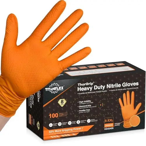 TitanFlex orange nitrile gloves with diamond texture grip