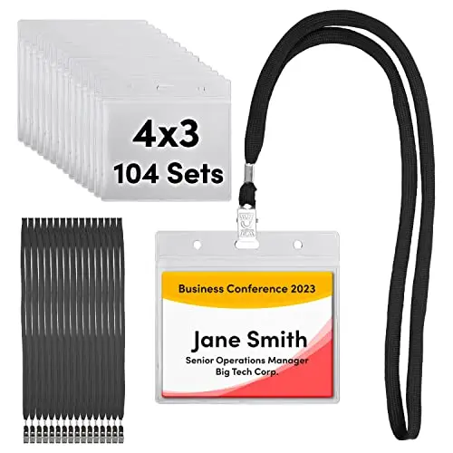 SEE-IT! clear plastic badge holders with black lanyards in bulk packaging