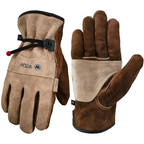 WZQH leather work gloves showing durable cowhide construction and adjustable wrist