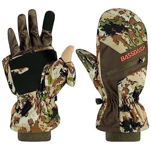 BASSDASH insulated camo hunting mittens with fold-back fingertips