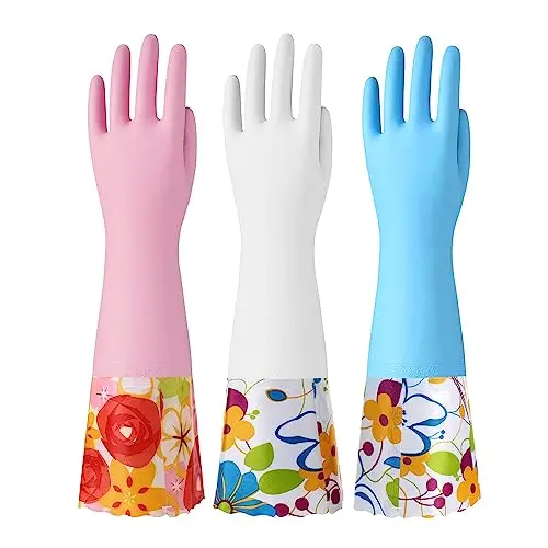 Bamllum long cuff rubber gloves in blue, pink, and white