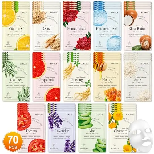 KONEUK 70 Pack Sheet Face Masks for daily hydration and skincare