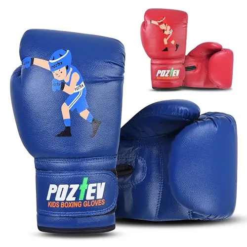 POZTEV youth boxing gloves in blue with secure velcro closure for easy adjustment