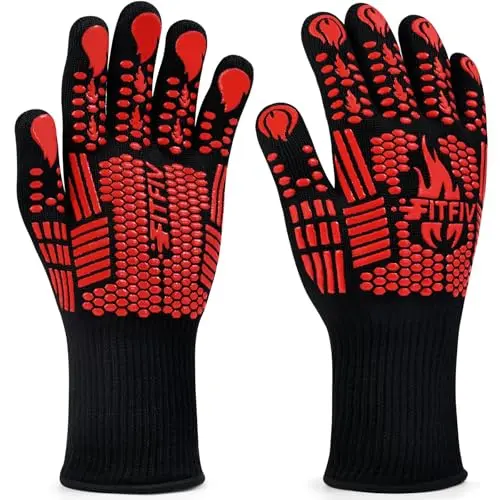 FITFIV red BBQ gloves with long cuffs for forearm protection