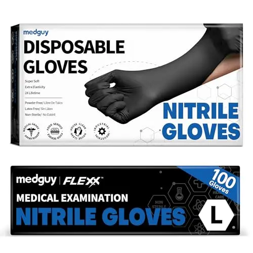 Medguy black nitrile disposable gloves showing textured grip