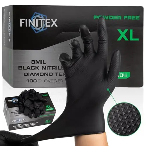 FINITEX 8 mil black nitrile gloves with 3D diamond texture for mechanic use