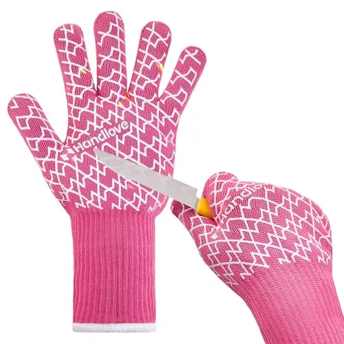 HANDLOVE pink BBQ gloves with silicone strips and long cuffs