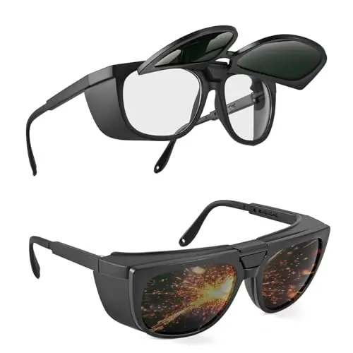 Dual lens welding safety glasses with switchable clear and IR 5.0 lenses